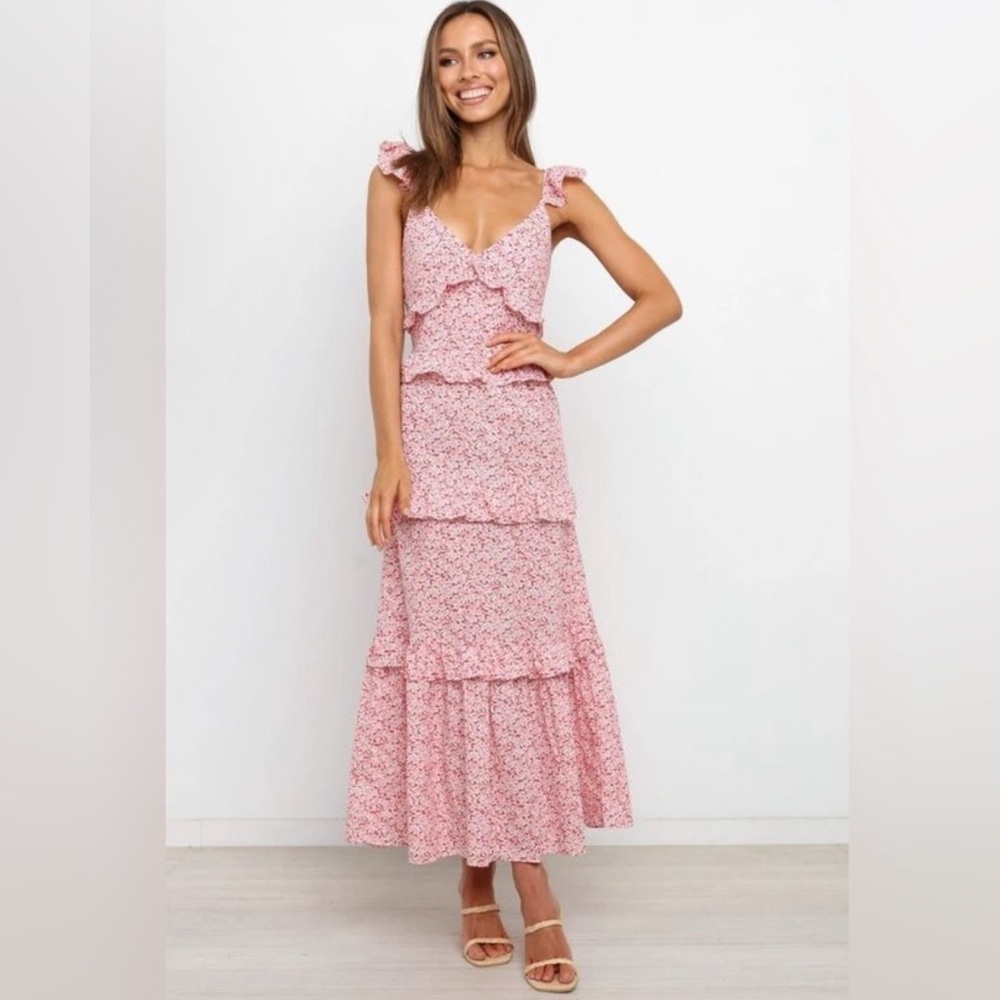 NWT Petal & Pup Aspa Floral Tiered Ruffle Thin Strap Tie Back Maxi Dress Pink 2